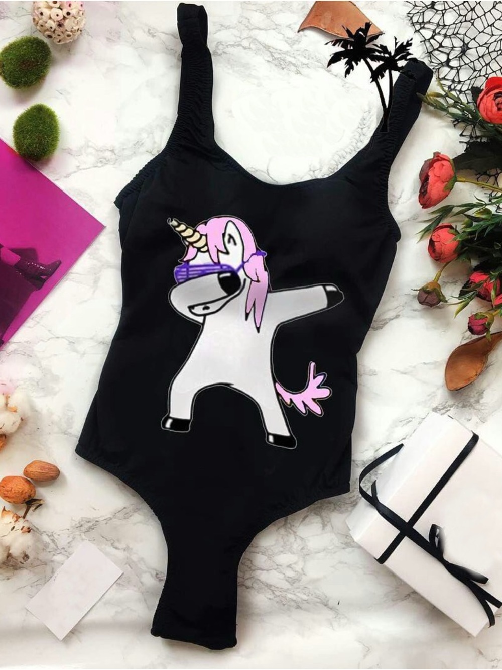 Black One-Piece Swimsuit with Pink Unicorn Graphic